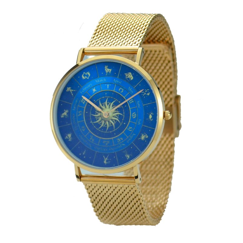 經典簡約 12 星座盤手錶藍面配織網鋼帶 全球免運 - 男錶/中性錶 - 不鏽鋼 藍色