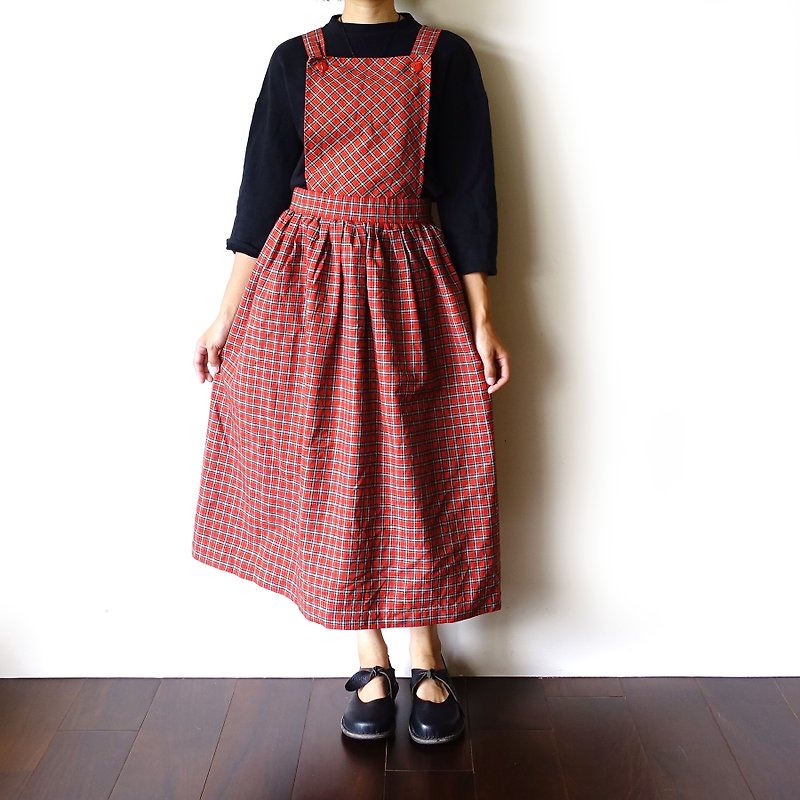 BajuTua / vintage / College Wind Red Plaid sling tutu (wool) - One Piece Dresses - Wool Red