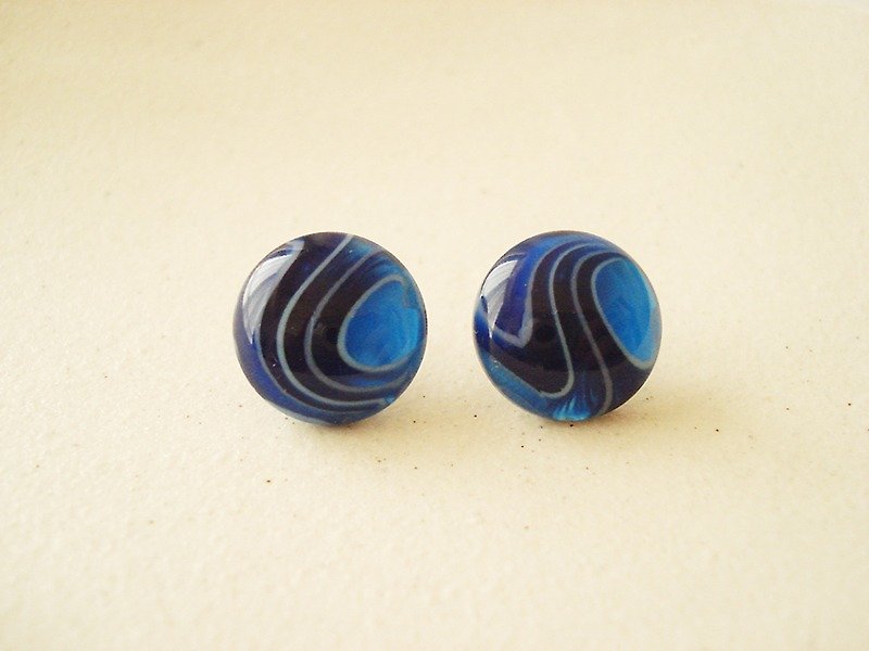 Marble button, hook earrings (BLUE) - ต่างหู - พลาสติก สีน้ำเงิน