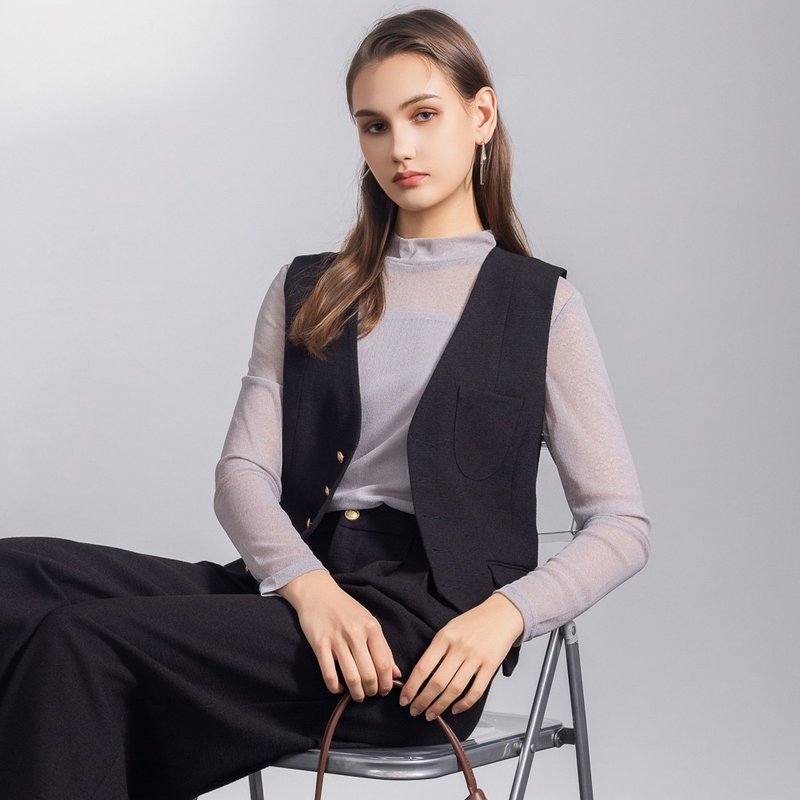 【MEDUSA】Golden Button Detail Blazer Vest - เสื้อสูท/เสื้อคลุมยาว - เส้นใยสังเคราะห์ สีดำ