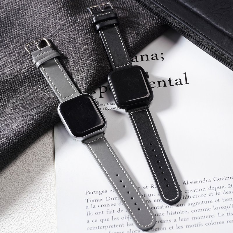 Apple watch - [Calm and Versatile Black and Gray] Stitched Genuine Leather Apple Watch Strap Mobile Phone Lanyard - สายนาฬิกา - หนังแท้ สีดำ