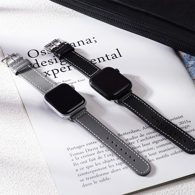 Apple watch - [Calm and Versatile Black and Gray] Stitched Genuine Leather Apple Watch Strap - สายนาฬิกา - หนังแท้ สีดำ