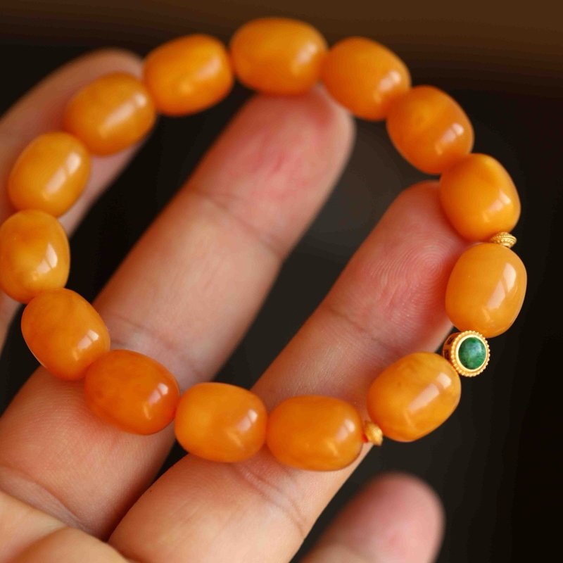 10mm reflowed natural chicken fat yellow Wax sterling silver gilt inlaid jadeite bead design single circle bracelet s - สร้อยข้อมือ - เครื่องประดับพลอย สีเหลือง