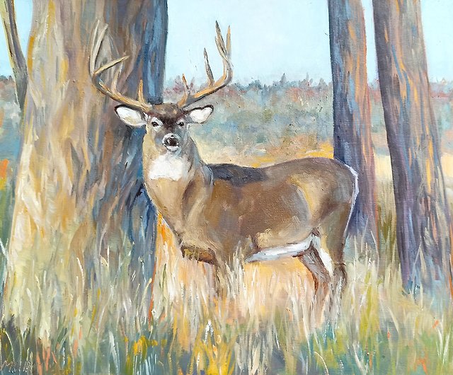 鹿の絵、オリジナルの油絵の動物、森の鹿 - ショップ Art by Irene ...