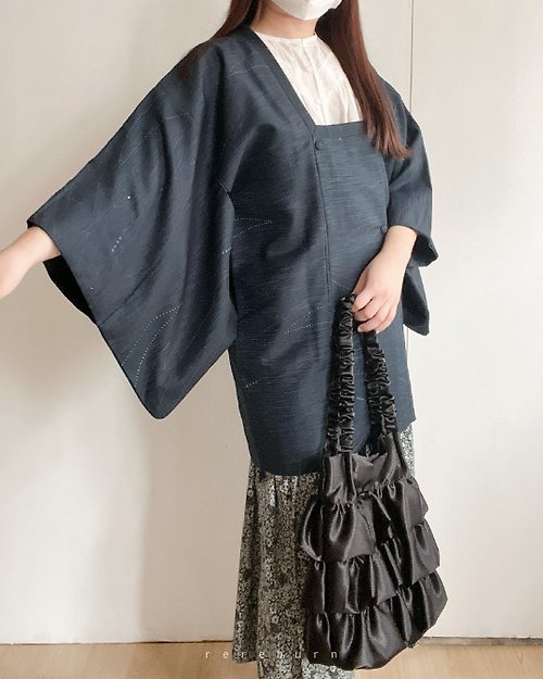 REreburn 日本製和風印花古著羽織道行深藍色和服外套-瑕疵特