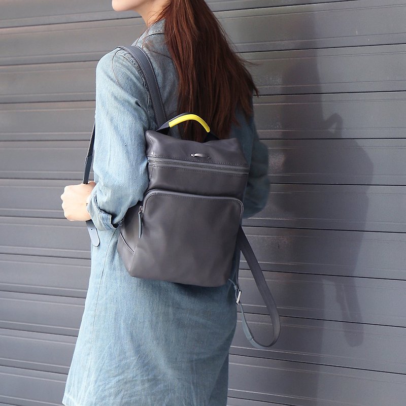 [Cosmopolitan] Lightweight Sheepskin Fashion Backpack-Grey Yellow - Backpacks - Genuine Leather Gray
