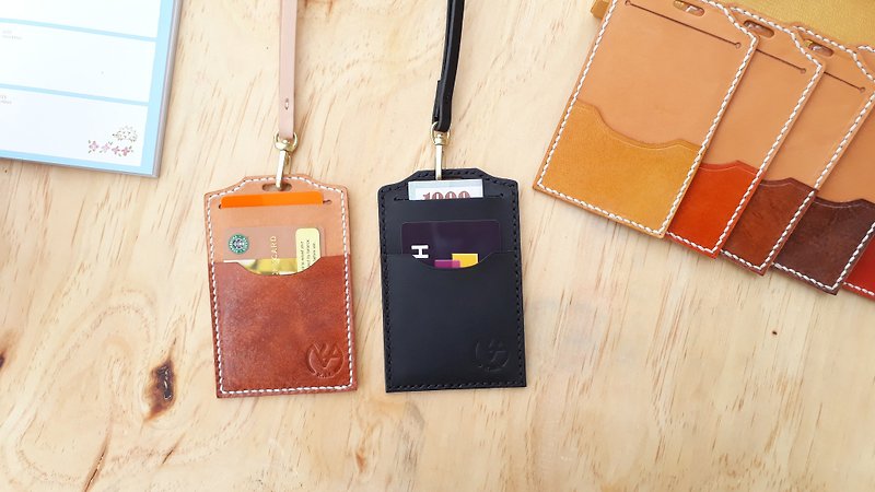 Double-compartment identification card holder/card holder (with neck strap) │Vegetable tanned leather, hand-dyed and brandable - ที่ใส่บัตรคล้องคอ - หนังแท้ สีดำ