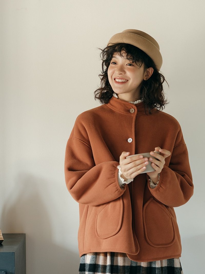 單排扣口袋彩扣外套 內裡加絨日系風格穿搭 冬 - 女大衣/外套 - 棉．麻 多色