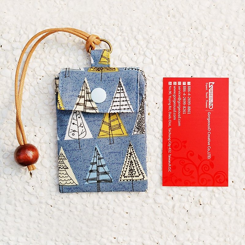 Doodle tree card bag/card sleeve business card bag - ที่ใส่บัตรคล้องคอ - ผ้าฝ้าย/ผ้าลินิน สีน้ำเงิน