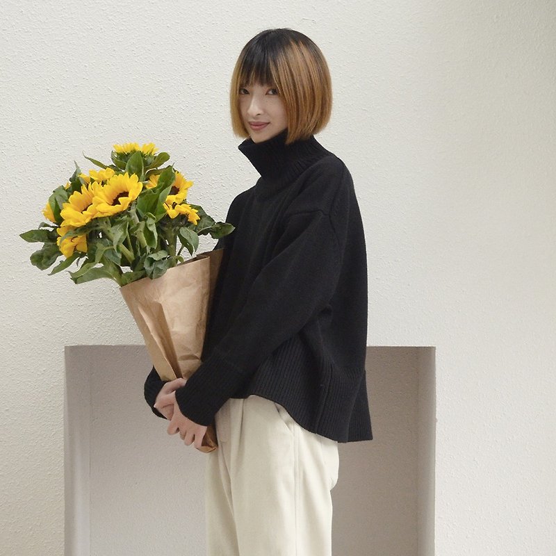 Japanese high collar loose pullover sweater | sweater | autumn and winter models | wool blend | Sora-229 - สเวตเตอร์ผู้หญิง - ขนแกะ สีดำ