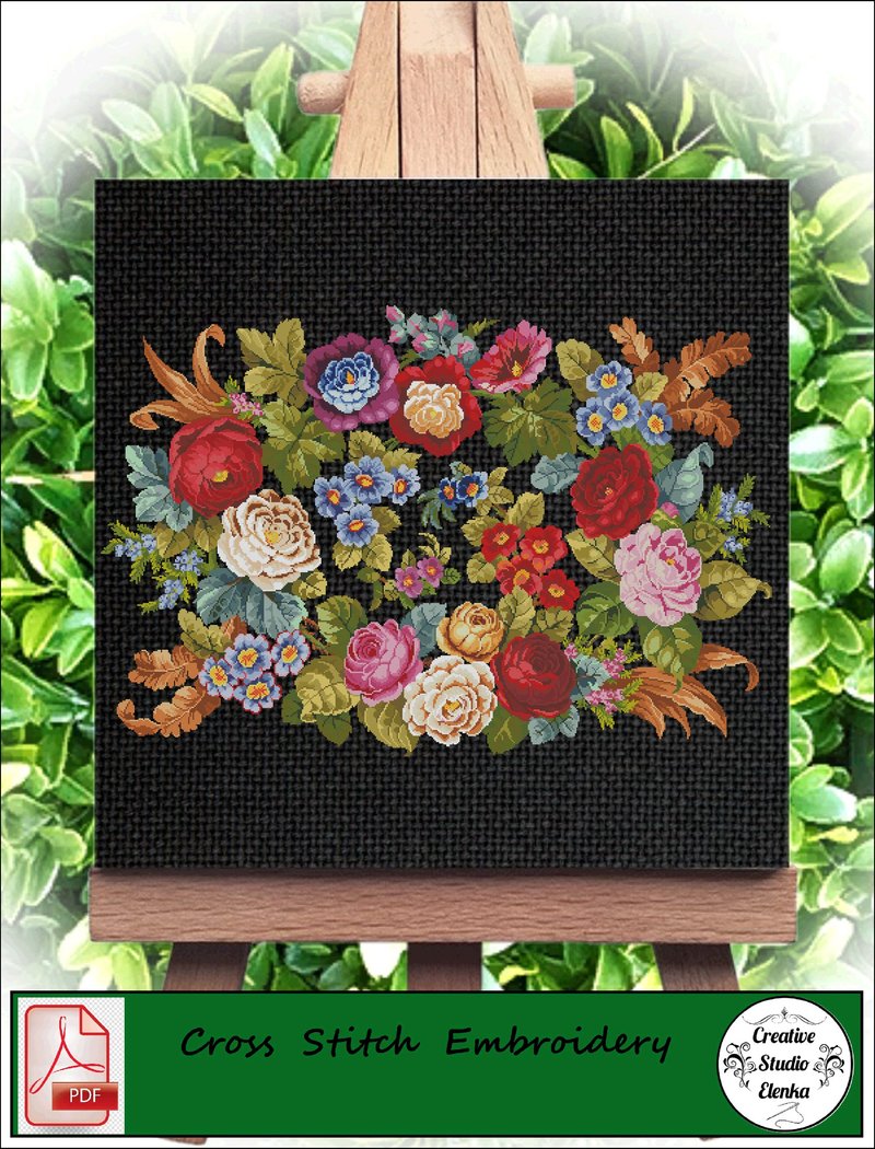 Vintage Cross Stitch Scheme Carpet with flowers - PDF Embroidery Scheme - Knitting, Embroidery, Felted Wool & Sewing - Other Materials 