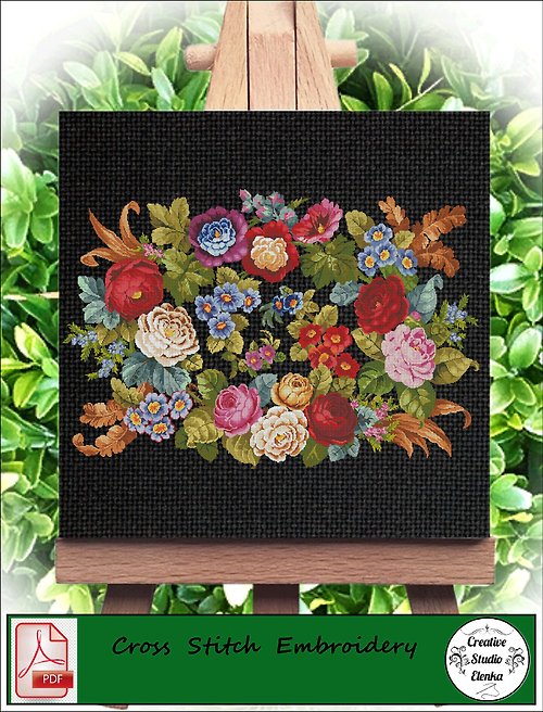 CreativeStudioElenka Vintage Cross Stitch Scheme Carpet with flowers - PDF Embroidery Scheme
