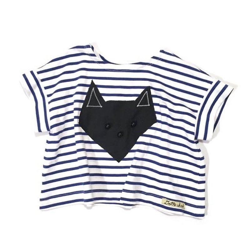 Horizontal stripe T-shirt origami design black cat - Other - Cotton & Hemp Blue