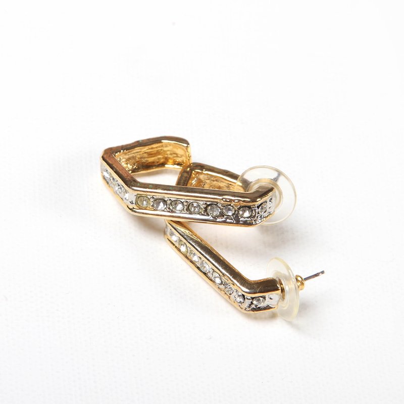 [Egg Plant Vintage] Rhinestone Gold Hook Vintage Ear Pin Antique Earrings - Earrings & Clip-ons - Copper & Brass Gold