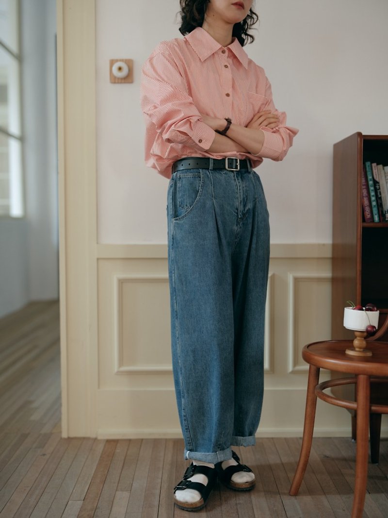 Denim cotton pants elastic waist loose trousers Japanese style literary and artistic wear for spring - Women's Pants - Cotton & Hemp Blue