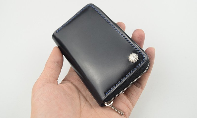 Cordovan leather handmade zipper coin purse, unisex 925 Silver stud wallet, genuine leather clutch card holder with YKK zipper - Wallets - Genuine Leather Multicolor