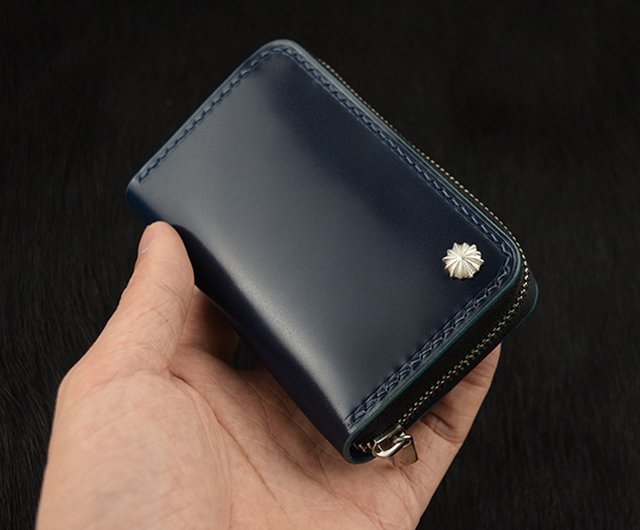 Cordovan leather handmade zipper coin purse, unisex 925 Silver