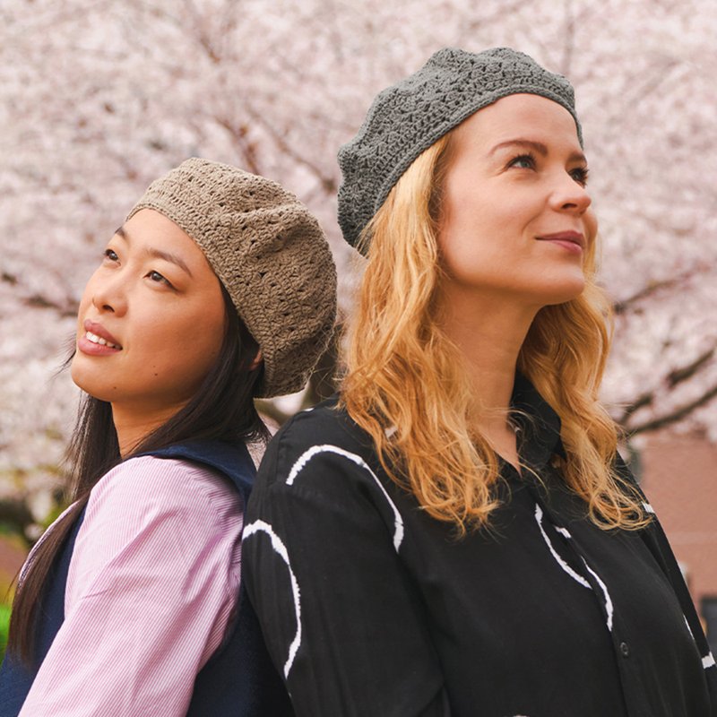 CHARM 蕾絲設計手工編織純棉貝雷帽 - 帽子 - 棉．麻 灰色