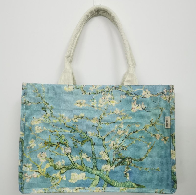 Van Gogh's Famous Painting ToteBag - imitation linen material / zipper - กระเป๋าถือ - ผ้าฝ้าย/ผ้าลินิน สีเขียว