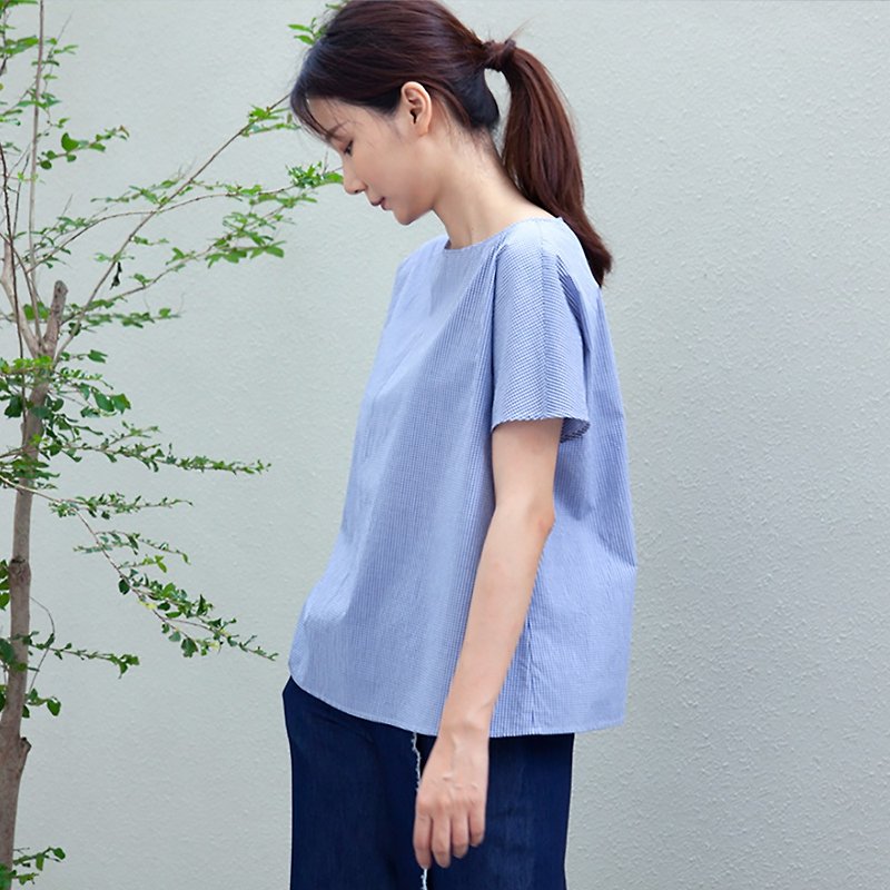 Small plaid cotton lightweight oversized coat SH200506 - Women's Shirts - Cotton & Hemp Blue