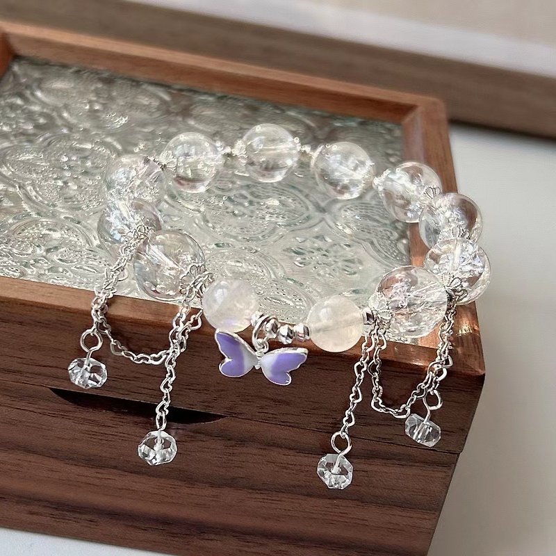 925 Silver purple butterfly single loop burst crystal bracelet with 925 Silver heart chain flower holder - Bracelets - Crystal Red