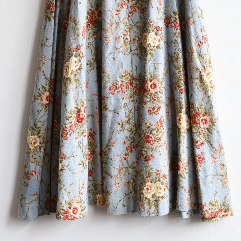 【蛋植物古著】花榭清泉絨面印花古著長裙 - 裙子/長裙 - 其他人造纖維 藍色