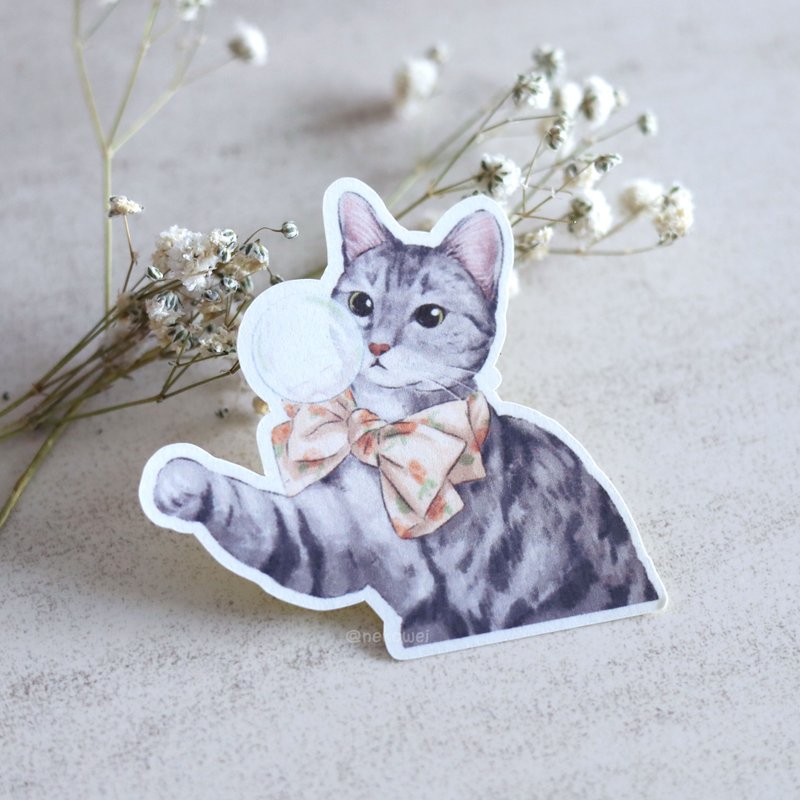 Meow meow stickers playing with bubbles original illustration cute cat Japanese pocketbook cat cat - Stickers - Paper Gray