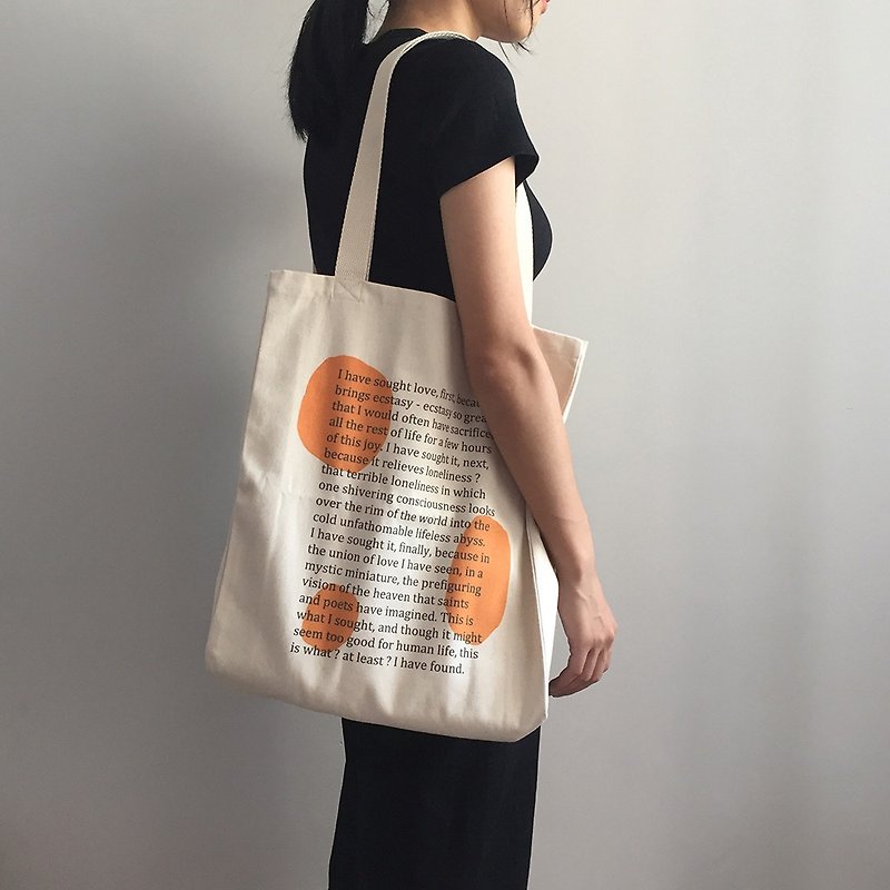 Hand-painted orange block with English large-capacity one-shoulder environmental protection three-dimensional canvas bag - Handbags & Totes - Cotton & Hemp White