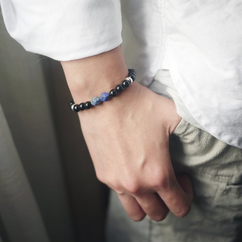 New Earth-natural stone bracelet (black agate/faceted lapis lazuli/925 sterling silver/custom/gift) - สร้อยข้อมือ - เงินแท้ สีดำ