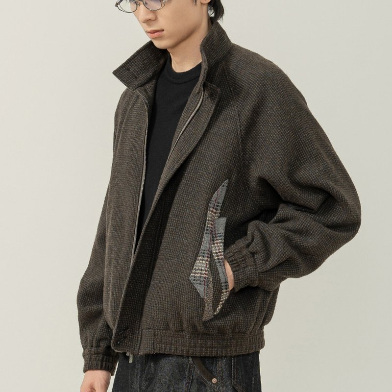 【羊毛靈頓】森系復古 格紋拼接Bomber夾克/老錢新貴立領外套 - 男夾克/外套 - 其他材質 灰色