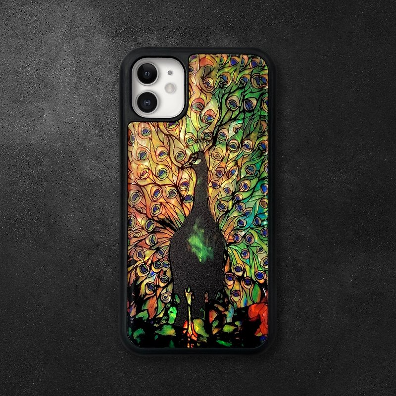 Peacock Natural Shell iPhone 15 Impact Resistant Protective Case Stained Window Glass Customized Name 013 - เคส/ซองมือถือ - เปลือกหอย สีน้ำเงิน
