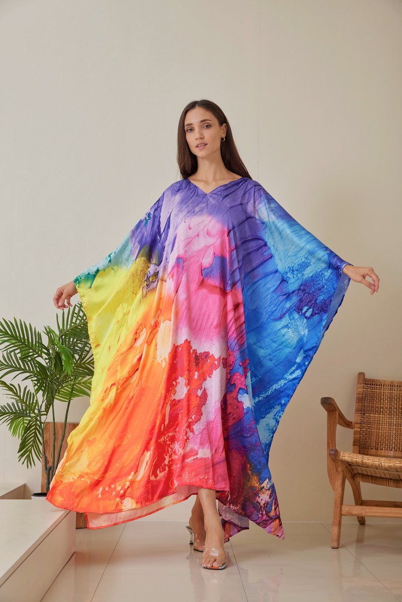 Vintage Silk Bohemian Kaftan, Designer Caftan Maxi Dress, Handmade Loose Fitting - One Piece Dresses - Silk Multicolor