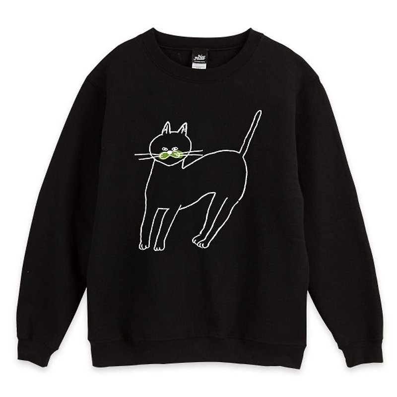 貓咪 - 黑 - 中性版大學T - 男 T 恤 - 棉．麻 黑色