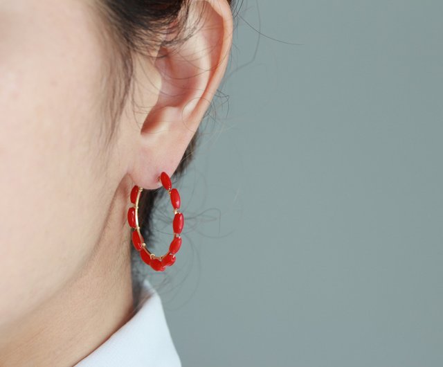 14kgf- red coral hoop pierced earrings - ショップ A.N ピアス