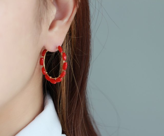 14kgf- red coral hoop pierced earrings - ショップ A.N ピアス