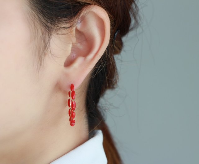 14kgf- red coral hoop pierced earrings - ショップ A.N ピアス