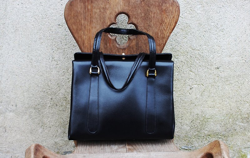 B158[Vintage皮包](義大利製)黑色古董包手提包方包 - 手袋/手提袋 - 真皮 黑色