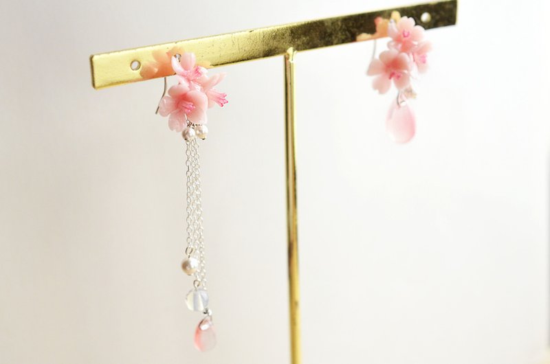 Cherry Love Song Asymmetric Cherry Blossom Sterling Silver Earrings/ Clip-On - Earrings & Clip-ons - Clay Pink