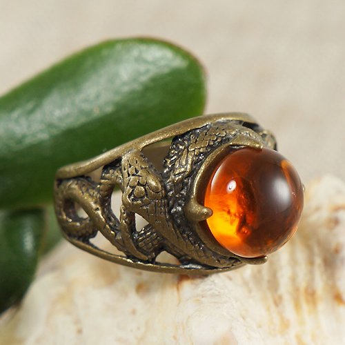AGATIX Orange Fire Red Glass Bronze Snake Unisex Adjustable Free Size Ring Jewelry Gift