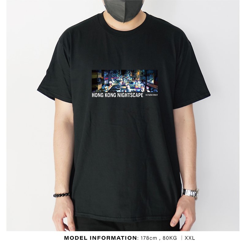 花園街夜景 -自家設計印刷T-Shirt - T 恤 - 棉．麻 黑色