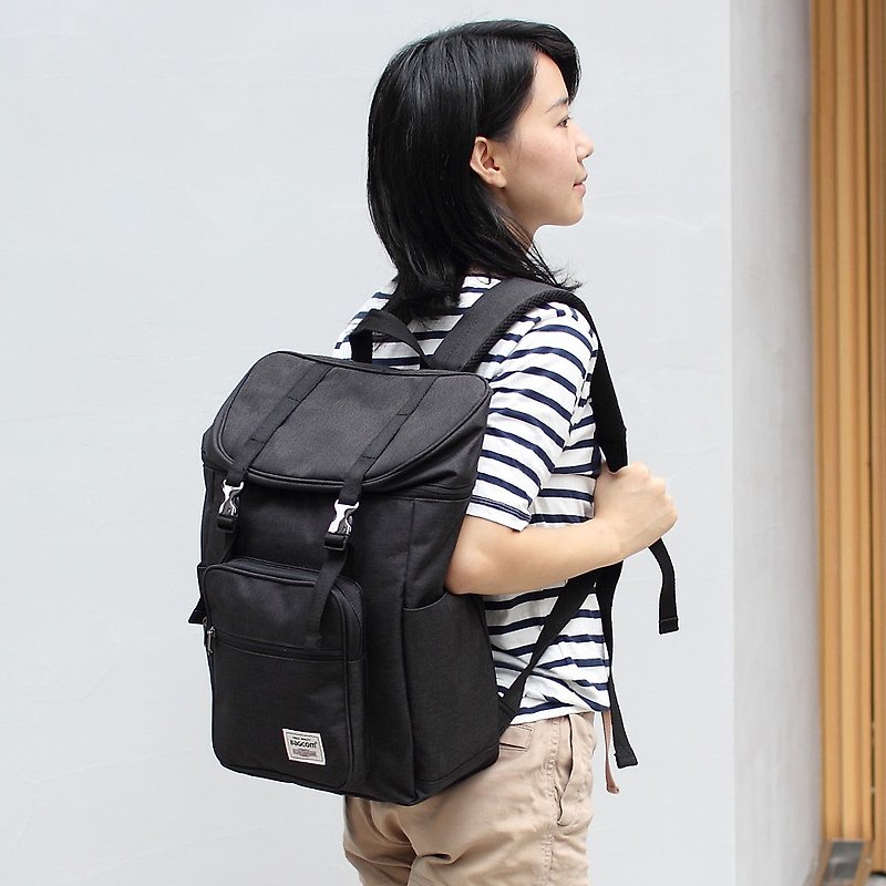 Double buckle large capacity backpack(14''laptop OK)-black_100398 - กระเป๋าเป้สะพายหลัง - ผ้าฝ้าย/ผ้าลินิน สีดำ