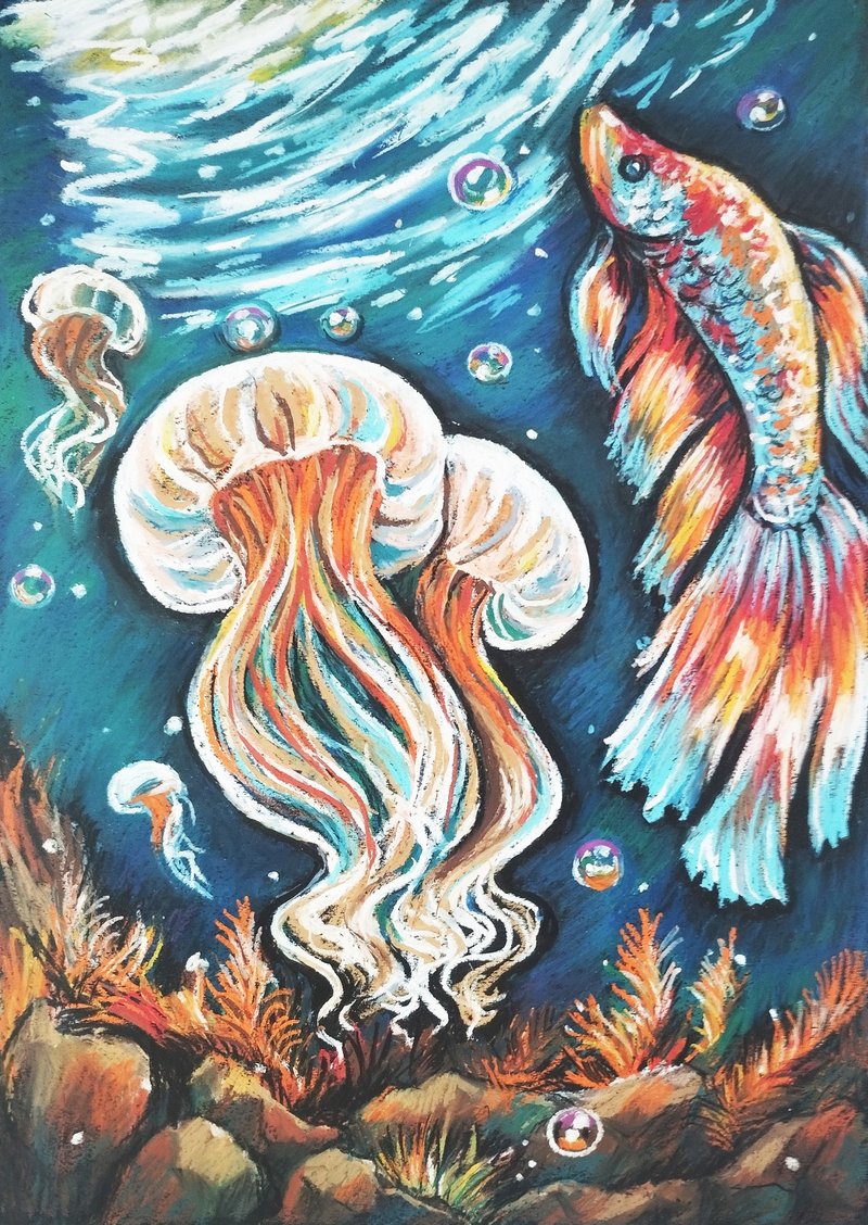 Jellyfish Fish are fabulous fish painting oil pastel drawing nature painting - 壁貼/牆壁裝飾 - 紙 藍色