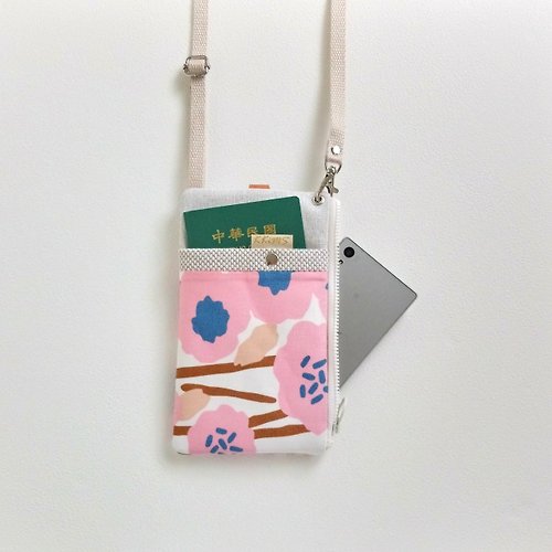 KKiMS 【FPH/3Way手機袋/斜背包】和風大花 白底粉花 法國銀蔥 刺子布
