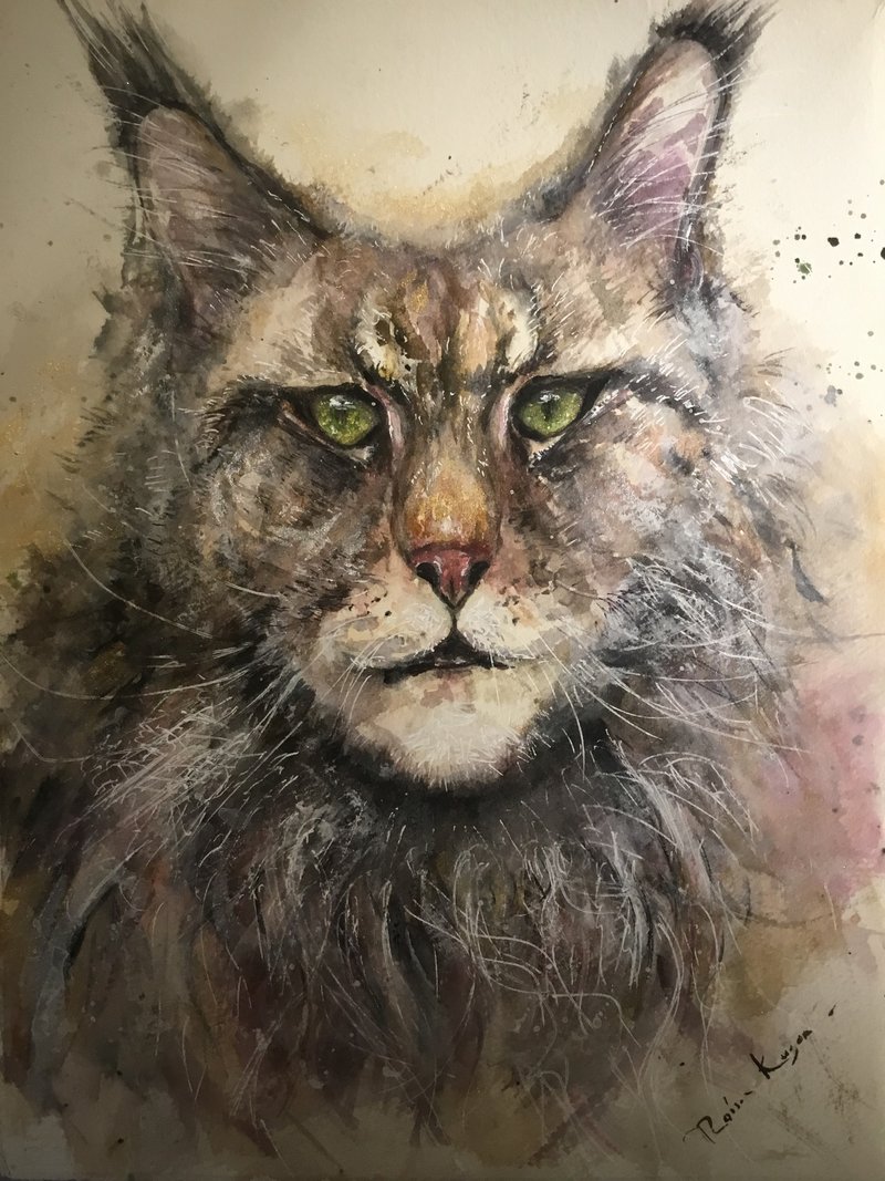 Maine Coon cat original watercolor painting - 壁貼/牆壁裝飾 - 紙 灰色