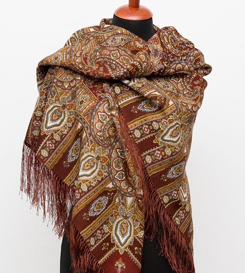 Pavlovo Posad Russian Shawl 100% Wool Scarf 125x125 cm Wrap Silk Fringe 598-56 - ผ้าพันคอ - ขนแกะ สีนำ้ตาล