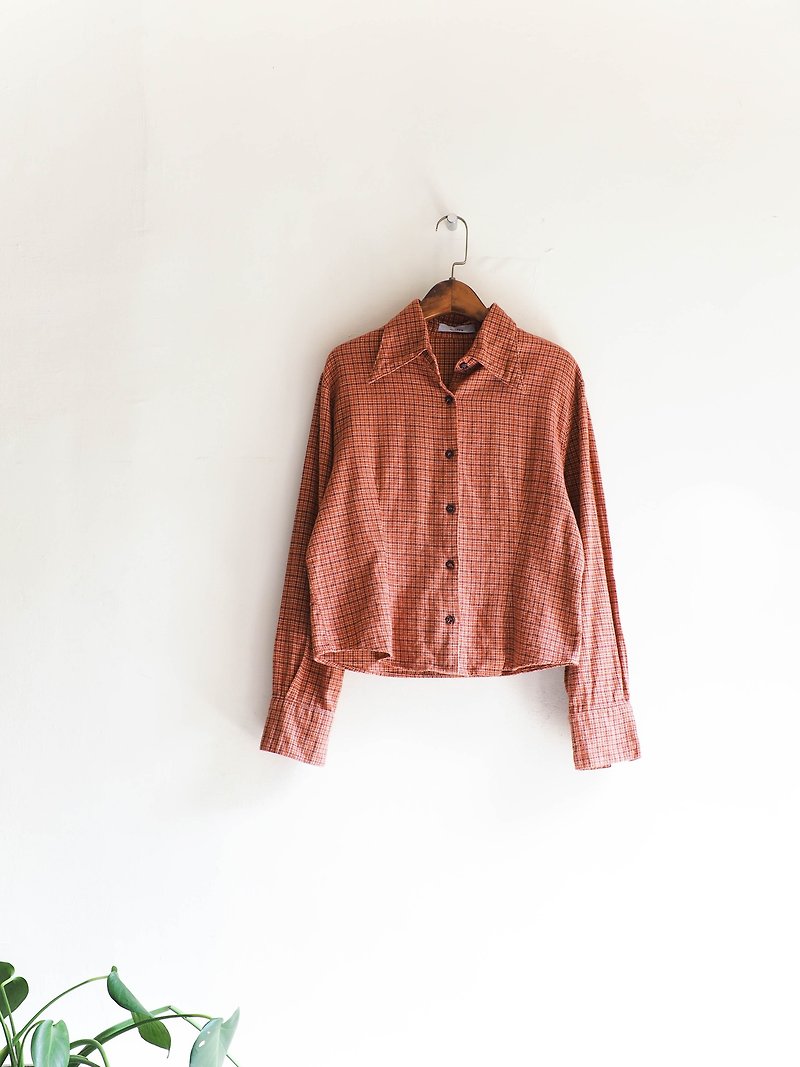River water mountain - Miyagi brick red fine pattern short version of green silk hand antique cotton shirt shirt shirt oversize vintage - Women's Shirts - Cotton & Hemp Red