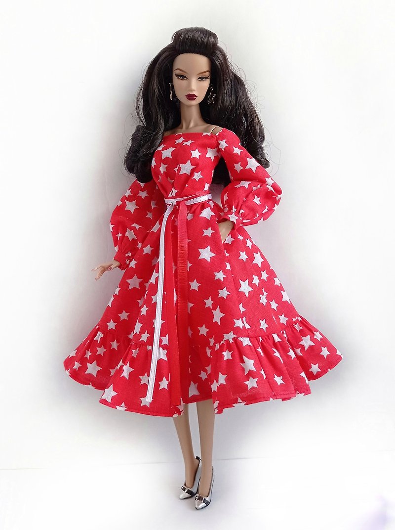 棉．麻 玩偶/公仔 紅色 - La-la-lamb Red dress with star print for Fashion Royalty FR2 12 inch dolls