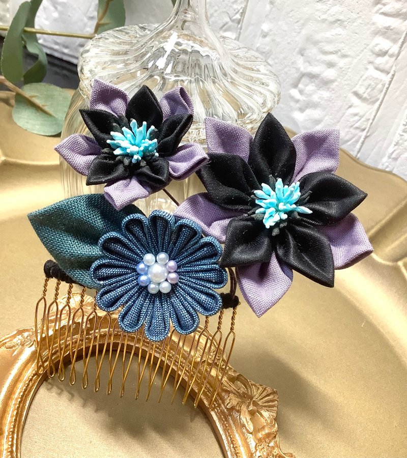 Tsumami-zaiku　Tsumami work　hair ornaments　hair accessory　hairpin　corsage　Vallett - เครื่องประดับผม - ผ้าฝ้าย/ผ้าลินิน สีดำ