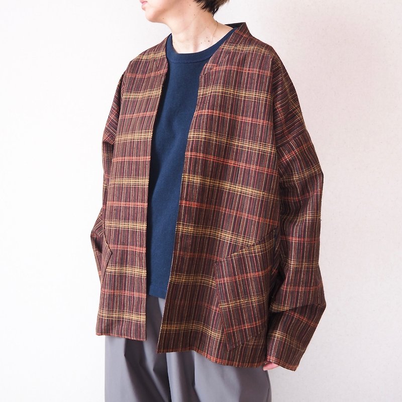 【日本製造】額外長袖夾克、棕色格子、和服夾克男士、升級改造 - 外套/大衣 - 絲．絹 藍色