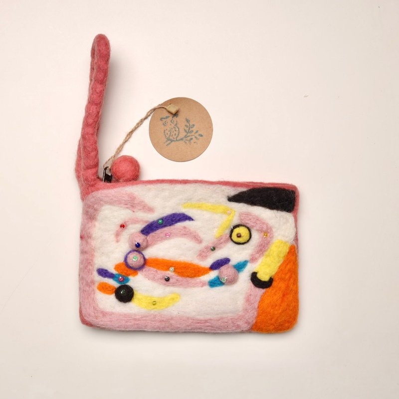 Exchange gifts/Nepal wool felt hand stamped mobile phone bag/clutch bag/storage bag/cosmetic bag 3 - Clutch Bags - Wool Pink